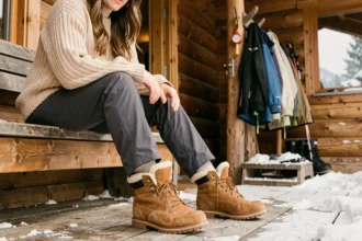Femme portant des bottes après-ski en sherpa caramel assise sur un banc en bois à l'entrée d'un chalet de montagne