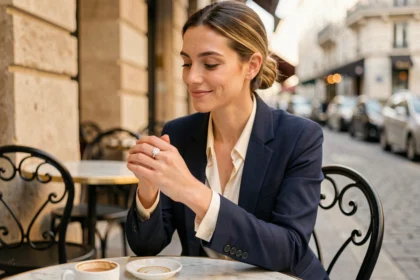 Femme célibataire confiante regardant une bague en diamant à son doigt dans un café parisien