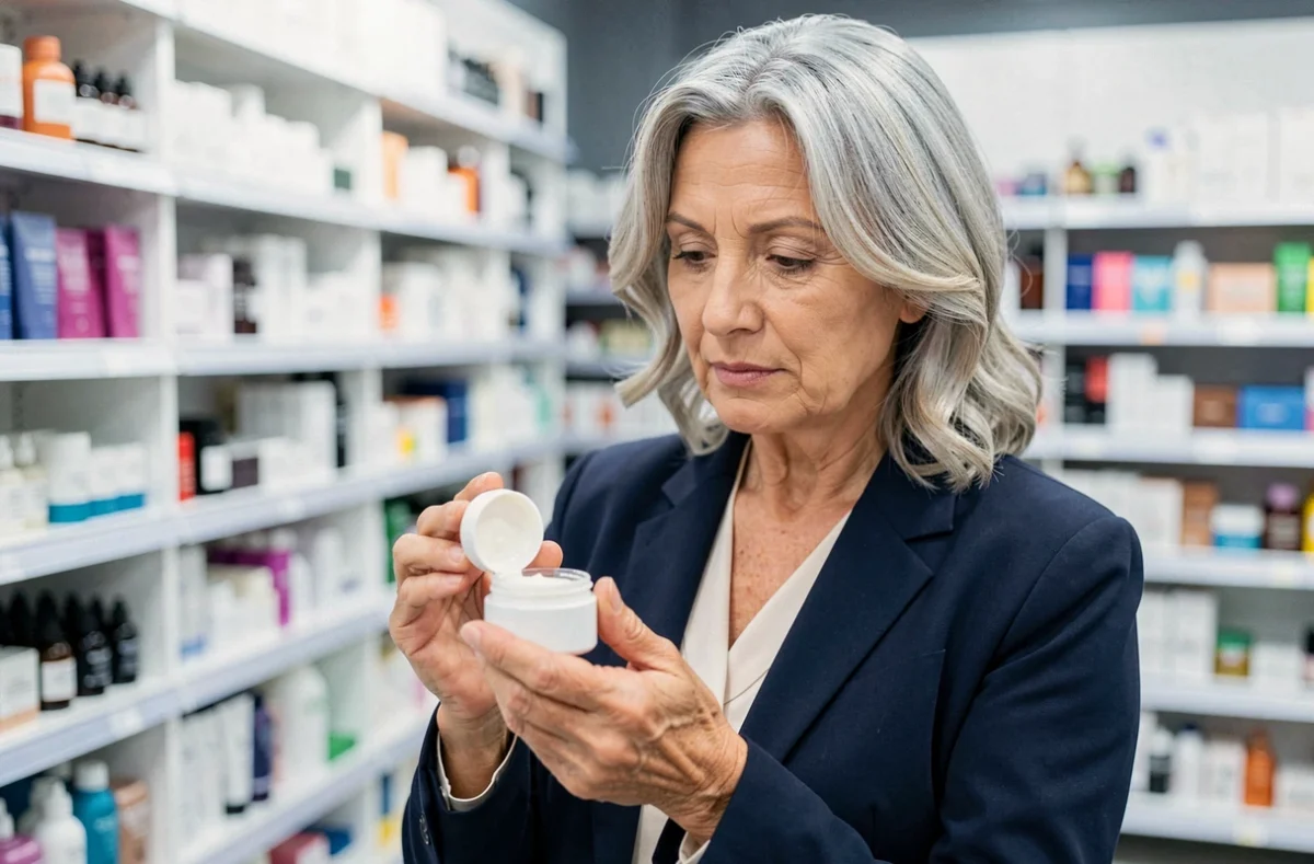 Femme mature choisissant la meilleure crème pour le visage en pharmacie, comparatif soins anti-âge