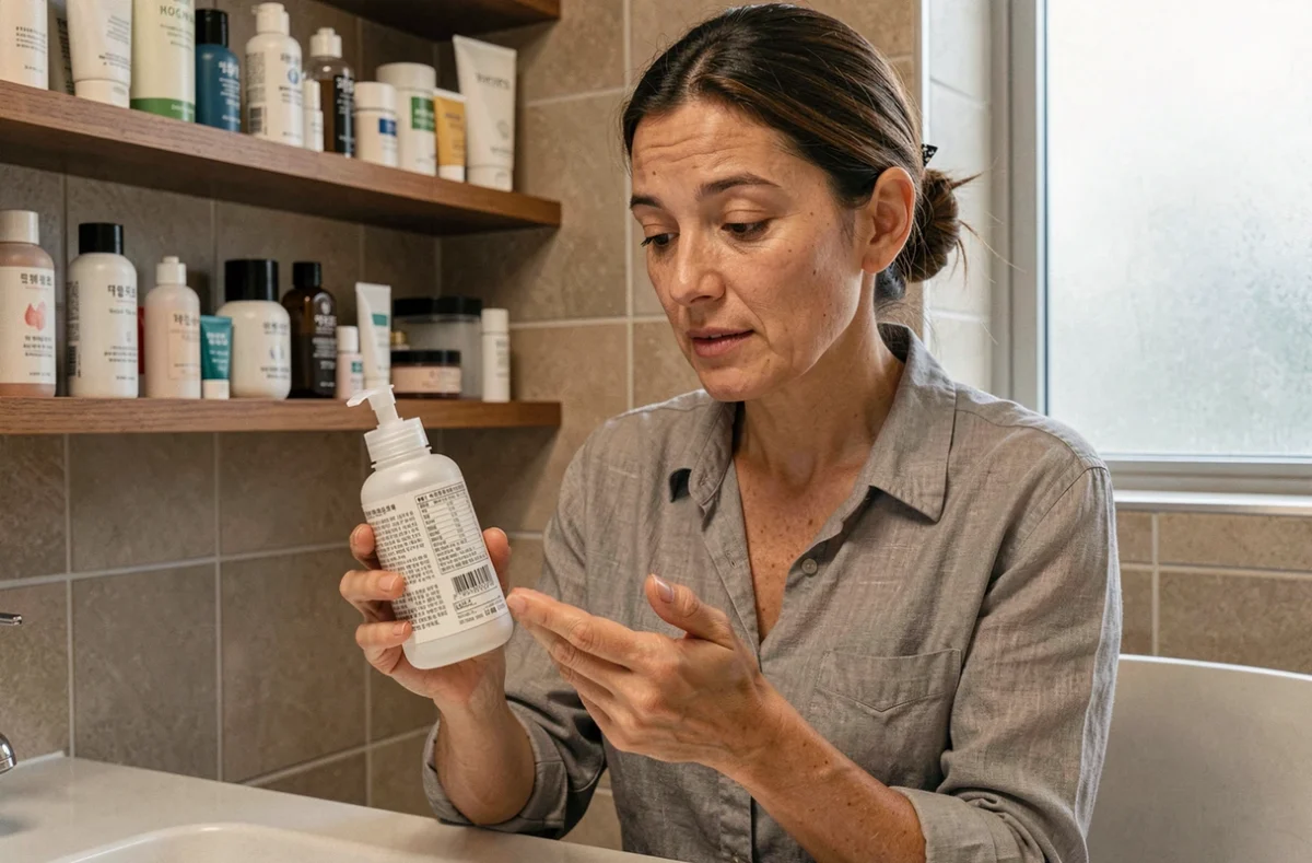 Femme occidentale comparant deux produits de soins coréens dans une salle de bain moderne, lisant les ingrédients sur l'étiquette