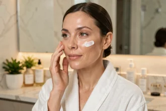 Femme appliquant une crème visage luxueuse dans une salle de bain en marbre, soin du visage hydratant