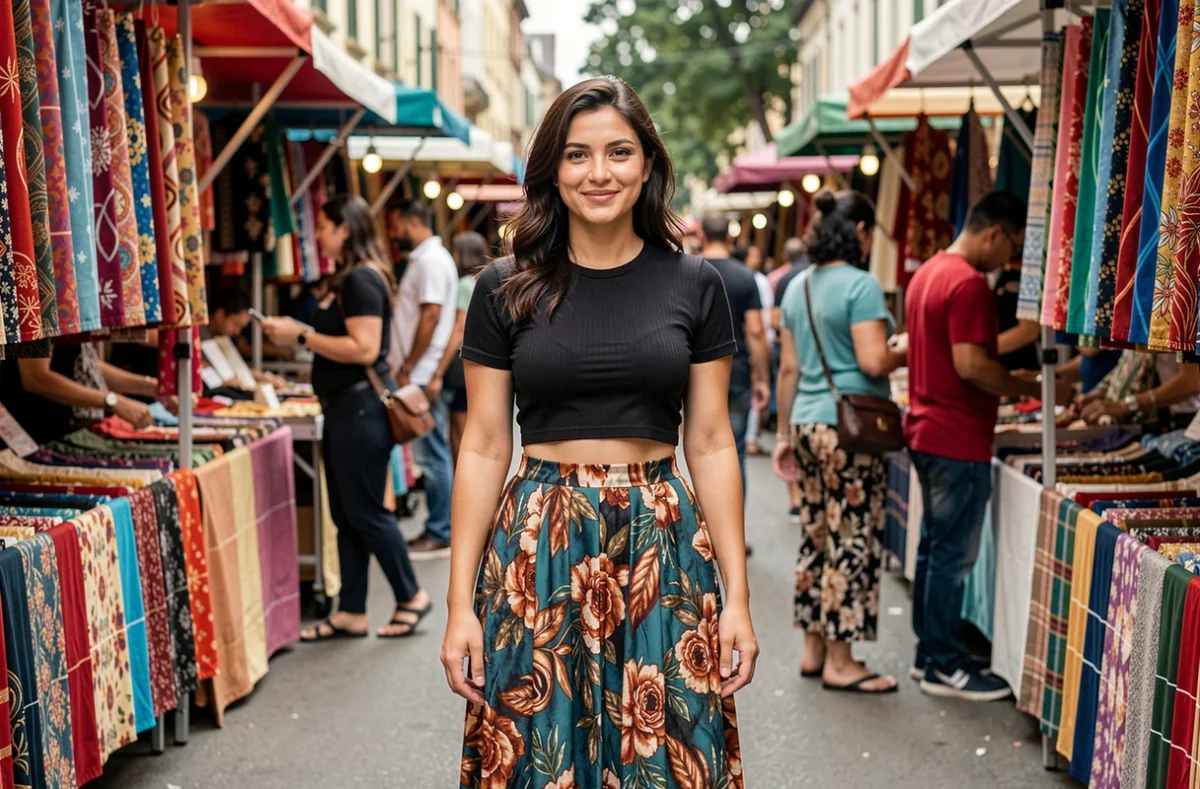 Femme en crop top et jupe midi dans un marché en plein air coloré, style décontracté mettant en valeur le nombril