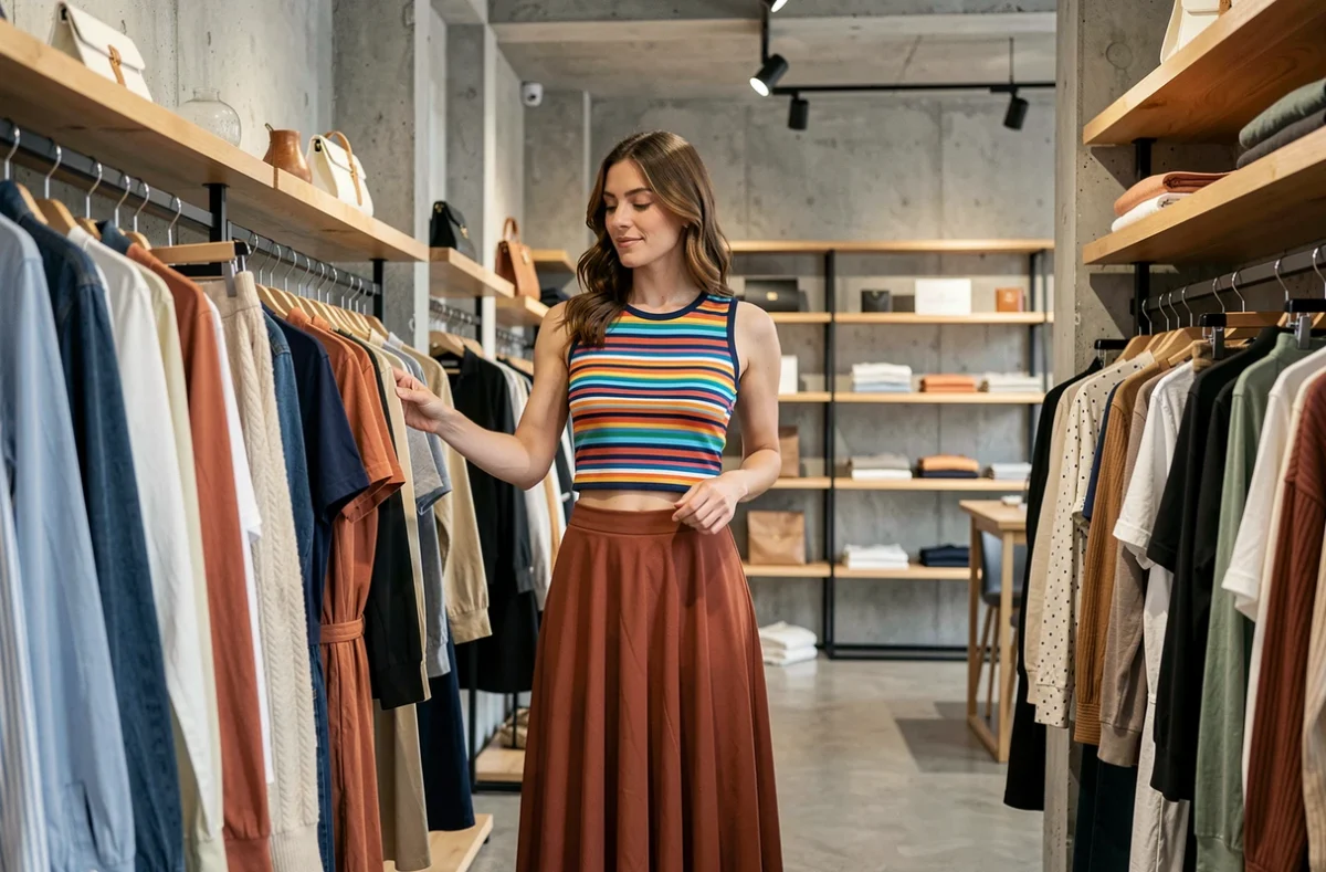 Femme trentenaire en crop top rayé coloré faisant du shopping dans une boutique moderne aux murs en béton