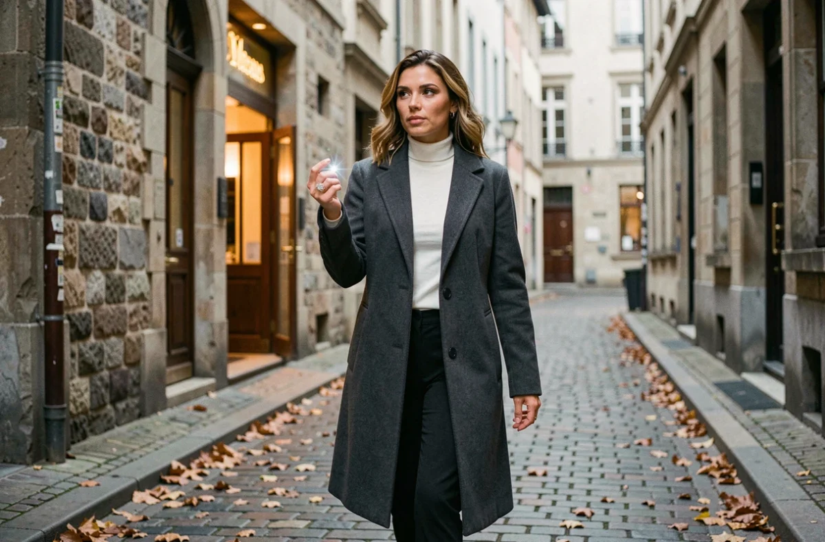 Femme élégante portant une bague en diamant avec assurance dans une rue pavée européenne en automne