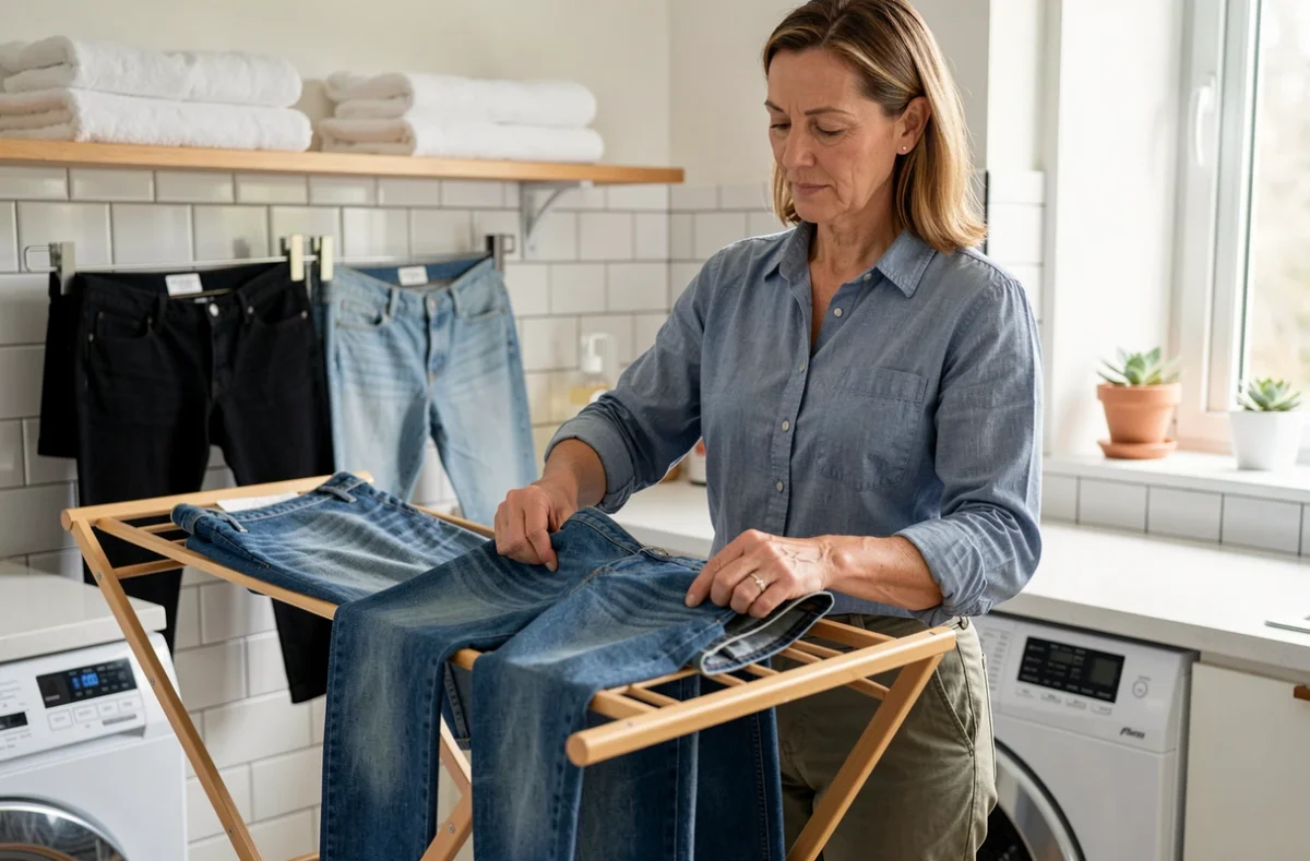 Femme adulte dans une buanderie qui plie et fait sécher plusieurs jeans lavés, symbolisant l'entretien d'une garde-robe capsule de jeans bien choisie