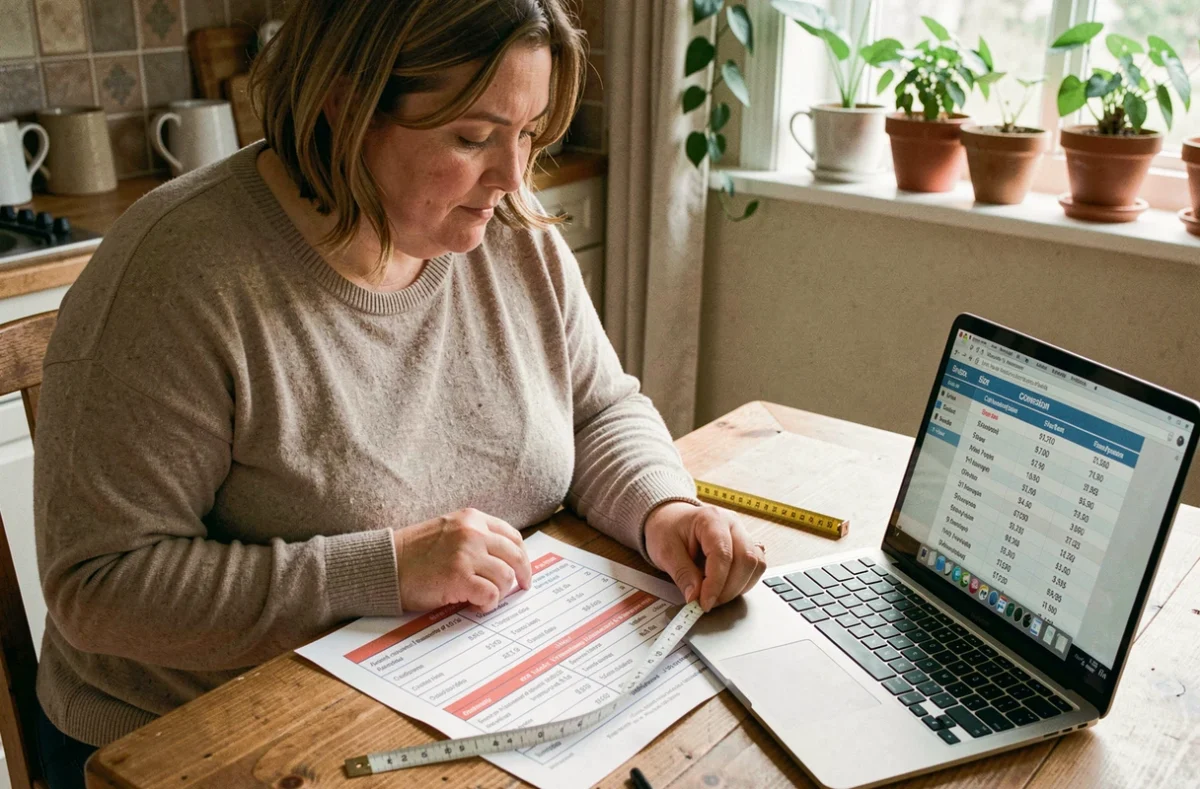 Femme de 40 ans consultant un guide de tailles de vêtements avec un mètre ruban sur une table en bois, recherchant la bonne taille pour 80 kg