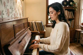 Femme jouant du piano dans un salon vintage entouré de vinyles, illustration de la plus belle chanson de tous les temps
