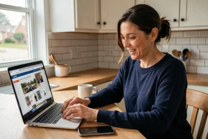 Femme consultant une vente flash Amazon Prime Day sur son ordinateur portable tout en vérifiant l'heure sur son smartphone dans une cuisine moderne