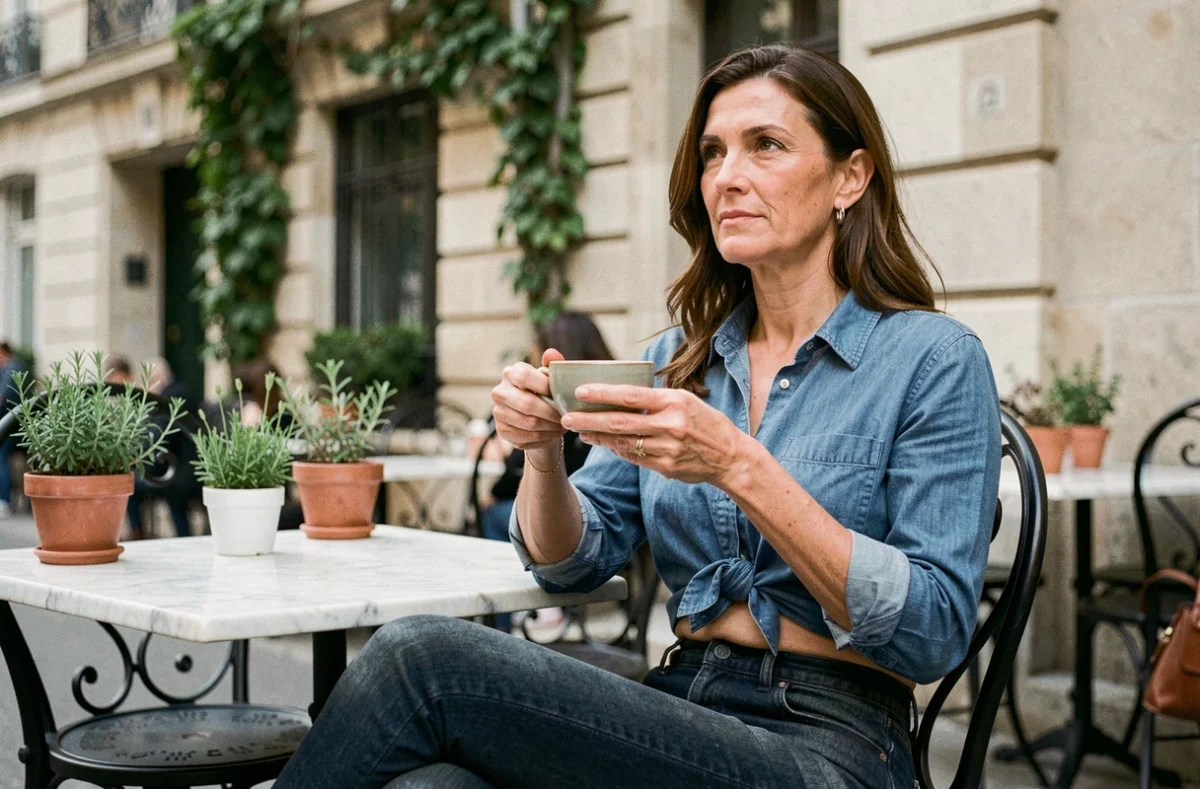 Femme de 40 ans en chemise nouée au nombril assise en terrasse de café parisien avec une tasse de café