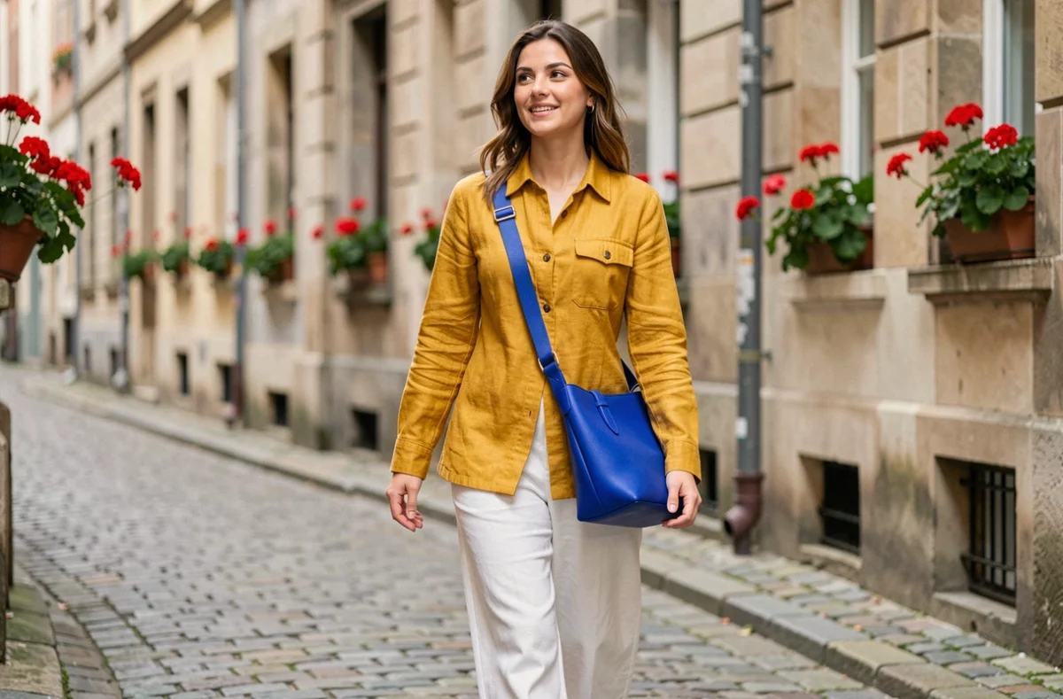 Femme portant un sac banane bleu en bandoulière dans une rue pavée européenne