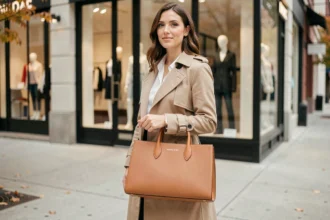 Femme élégante portant un sac à main Michael Kors en cuir camel dans une rue commerçante urbaine