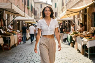 Femme confiante en crop top blanc et pantalon taille haute se promenant dans un marché urbain, ventre légèrement découvert
