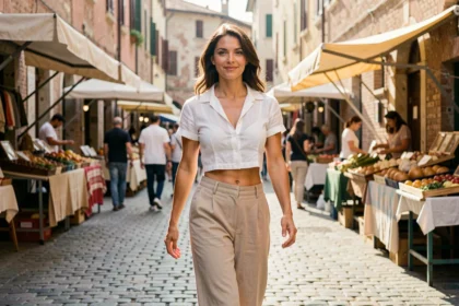 Femme confiante en crop top blanc et pantalon taille haute se promenant dans un marché urbain, ventre légèrement découvert