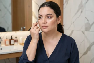 Femme aux joues rondes appliquant du contouring maquillage pour affiner son visage devant un miroir