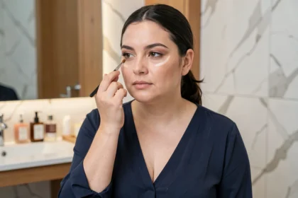 Femme aux joues rondes appliquant du contouring maquillage pour affiner son visage devant un miroir