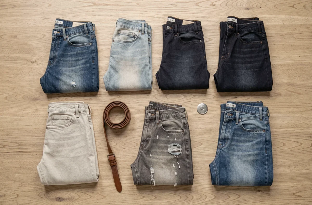 Flat-lay de cinq jeans en denim de différents coloris sur une surface en bois clair, montrant la diversité et la popularité universelle du pantalon en jean