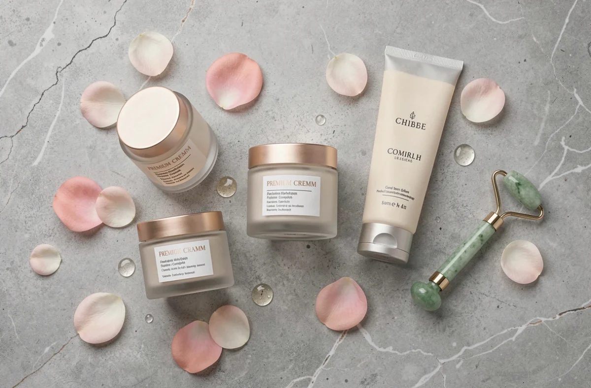 Flat lay de crèmes visage premium sur pierre texturée avec pétales de rose, comparatif produits de soin
