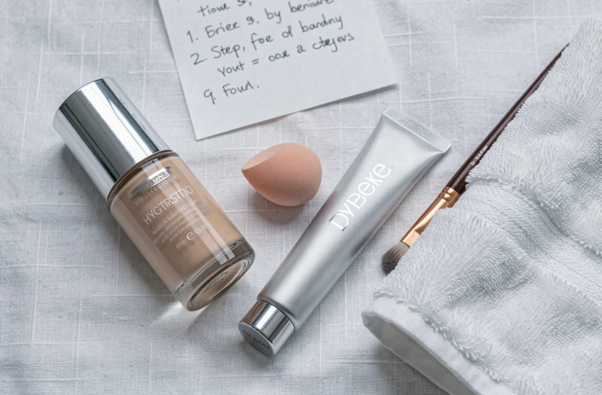 Flat lay des produits de maquillage pour illustrer l'ordre d'application du primer et du fond de teint hydratant