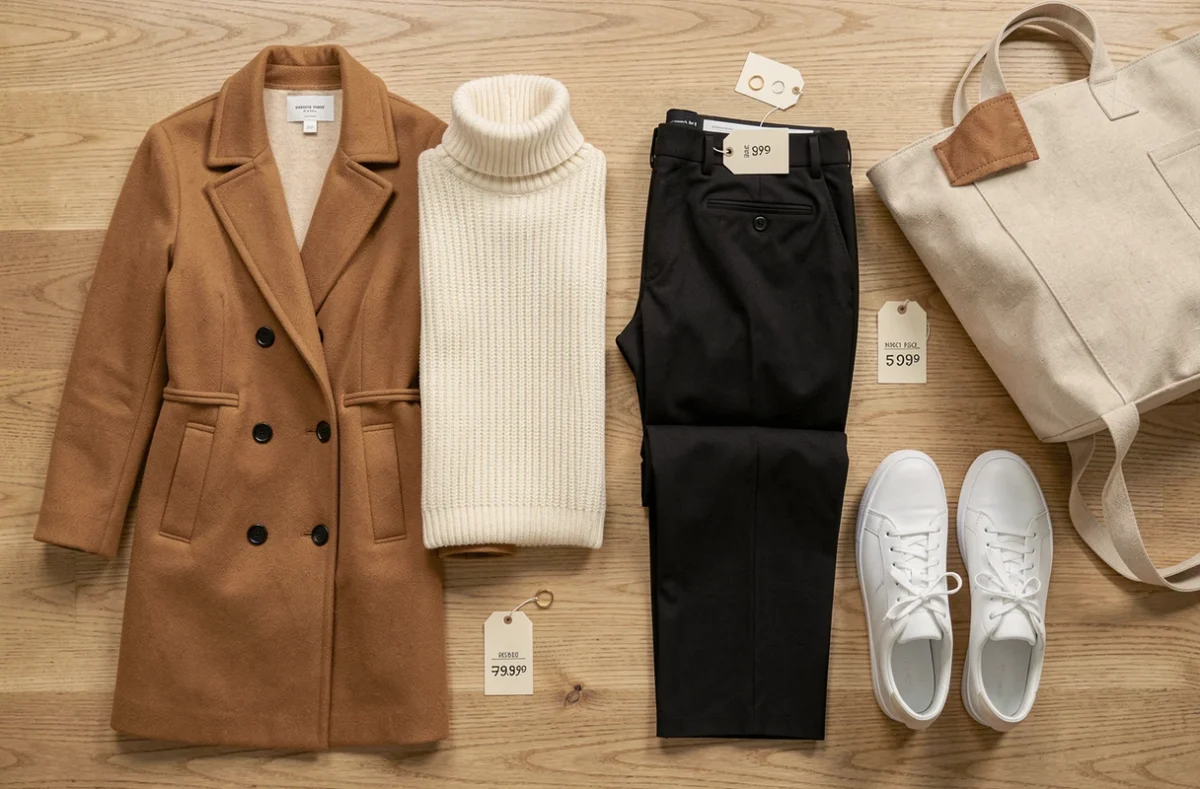 Flat lay de vêtements tendance et accessoires mode comparant des pièces abordables inspirées du style Zara disponibles sur Shein