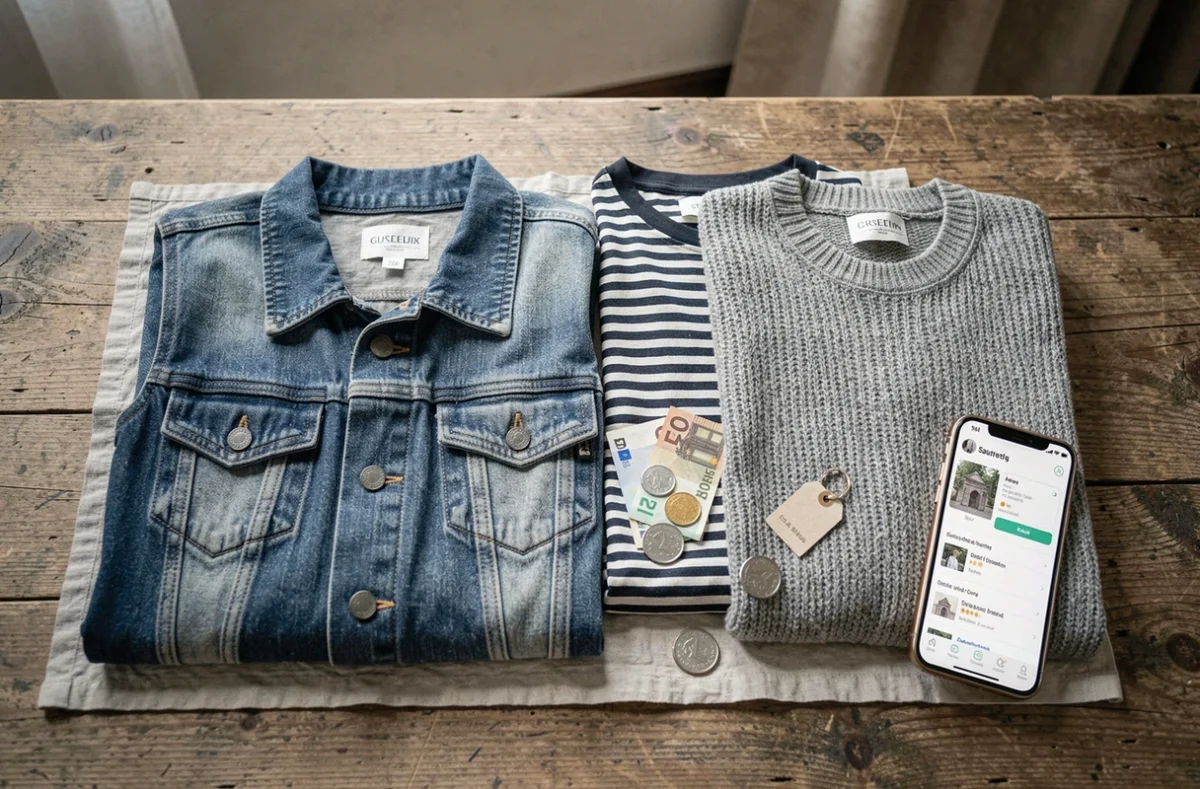 Vue de dessus de vêtements d'occasion, billets en euros et application de revente sur smartphone pour illustrer la revente de vêtements