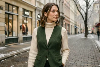 Femme portant un gilet en laine vert forêt sur col roulé crème dans une rue pavée en hiver 2026