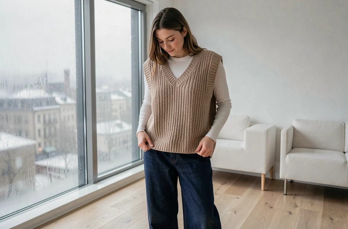 Jeune femme portant un gilet oversize en maille beige dans un appartement scandinave minimaliste en hiver 2026
