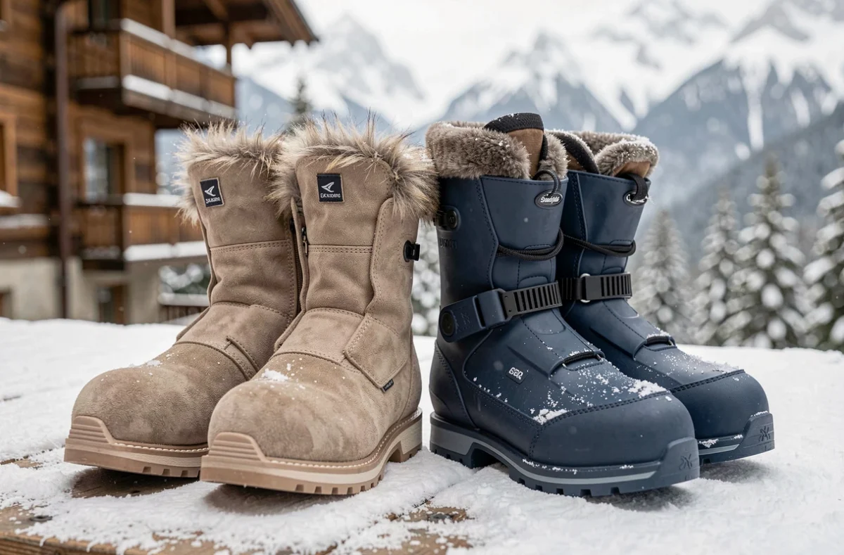 Gros plan de deux paires de bottes après-ski posées sur une terrasse en bois enneigée devant un panorama alpin