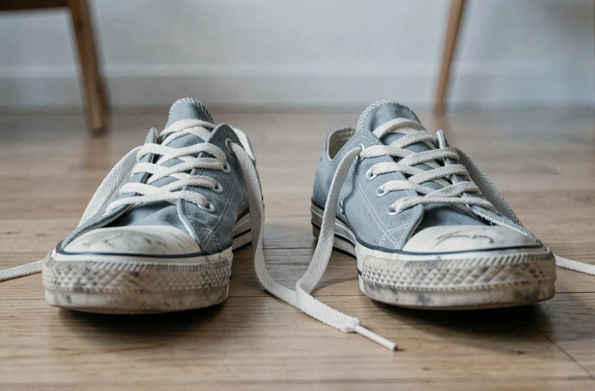 Gros plan de deux chaussures dont une délacée sur un parquet en bois, illustrant le choix de délacer ou non ses chaussures