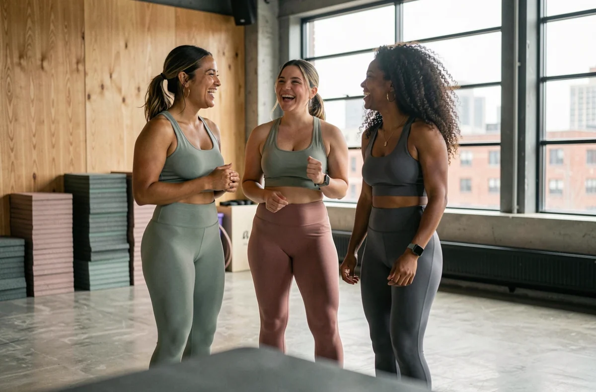 Trois femmes aux morphologies variées en tenue de yoga crop top dans un studio moderne, ventre découvert et sourires naturels