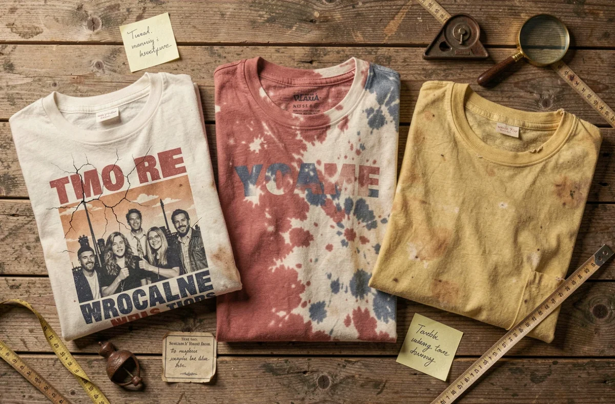 Vue de dessus de T-shirts vintage authentiques avec étiquettes et guide d'identification sur une surface en bois
