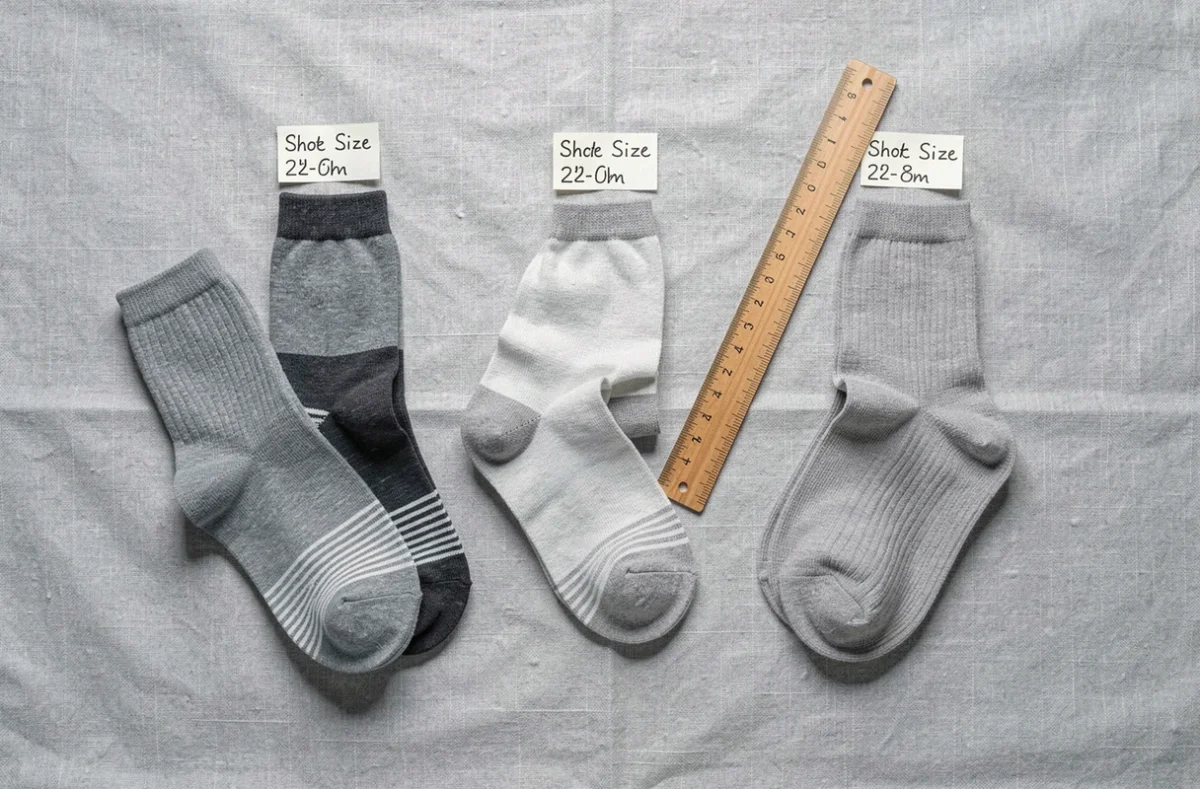 Flat lay de plusieurs paires de chaussettes avec étiquettes de tailles et règle en bois pour comparaison