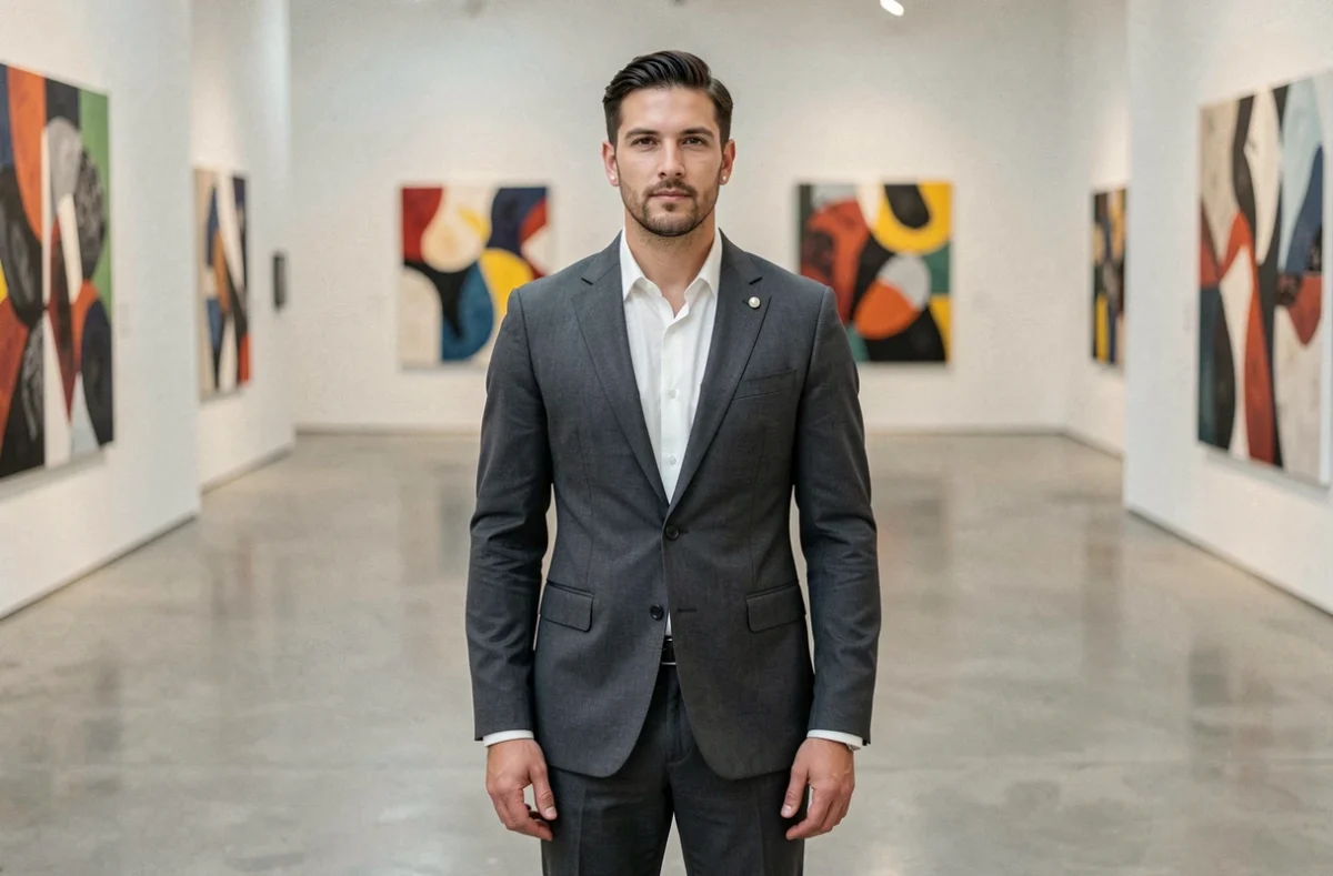 Homme en costume gris portant une épingle de revers en perle et un clou d'oreille en perle dans une galerie d'art contemporain