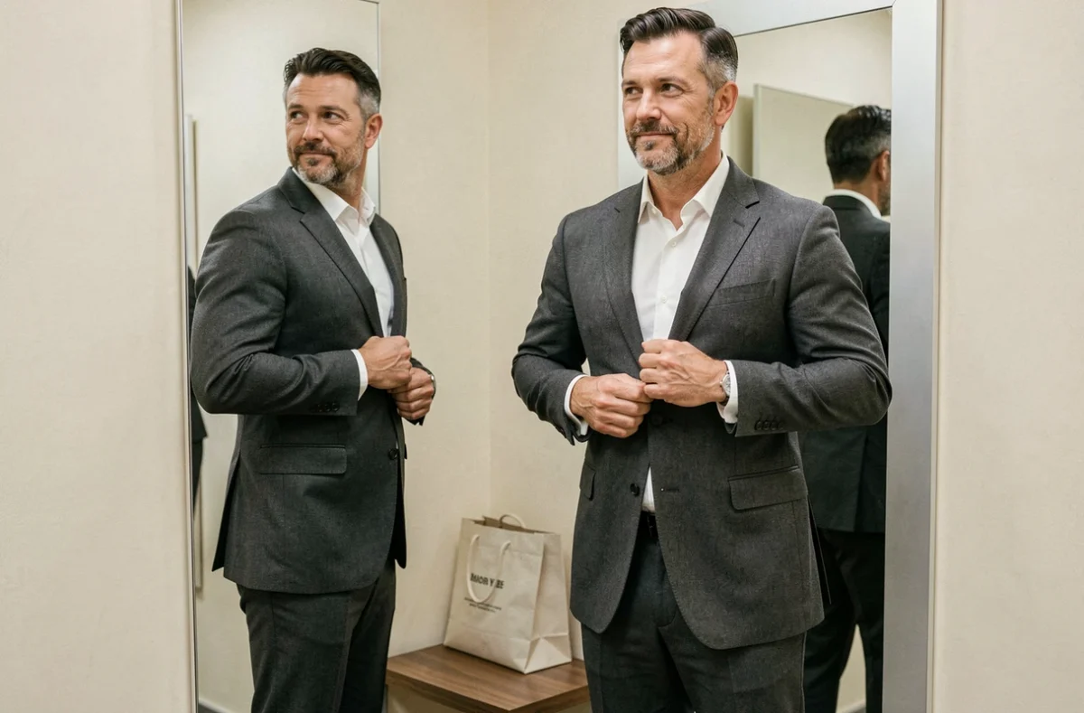 Homme portant un blazer taille 48 et se regardant dans un miroir en cabine d'essayage