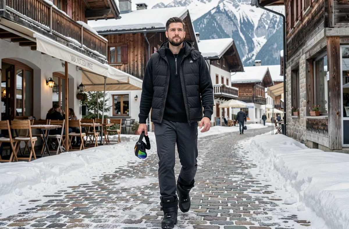 Homme en bottes après-ski noires marchant dans une rue enneigée d'un village alpin avec architecture traditionnelle