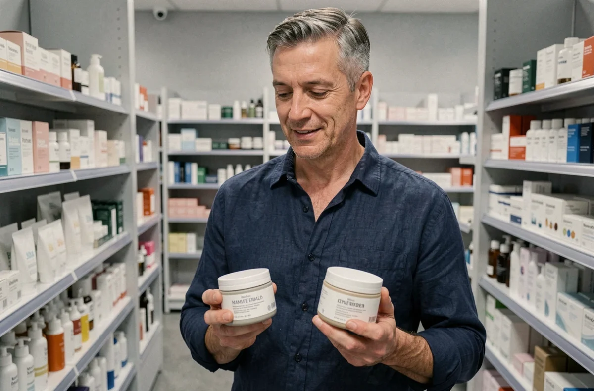 Homme comparant deux pots de crème hydratante dans un rayon de pharmacie