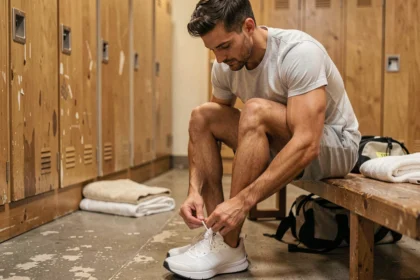 Homme délacant ses chaussures de sport sur un banc dans un vestiaire de salle de sport
