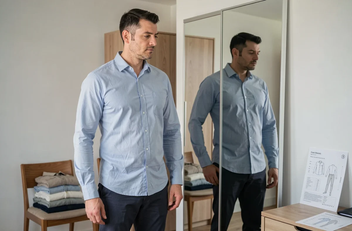 Homme de 30 ans vérifiant l'ajustement d'une chemise taille M devant un miroir dans une chambre moderne, guide de tailles visible sur la commode