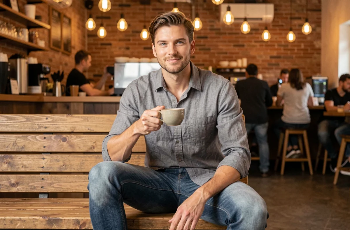 Homme en jean slim medium wash assis dans un café moderne, représentant le pantalon en denim le plus populaire au quotidien