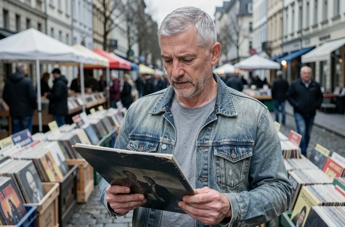 Homme parcourant des disques vinyles dans un marché de rue européen, évoquant la quête de la plus belle chanson du monde