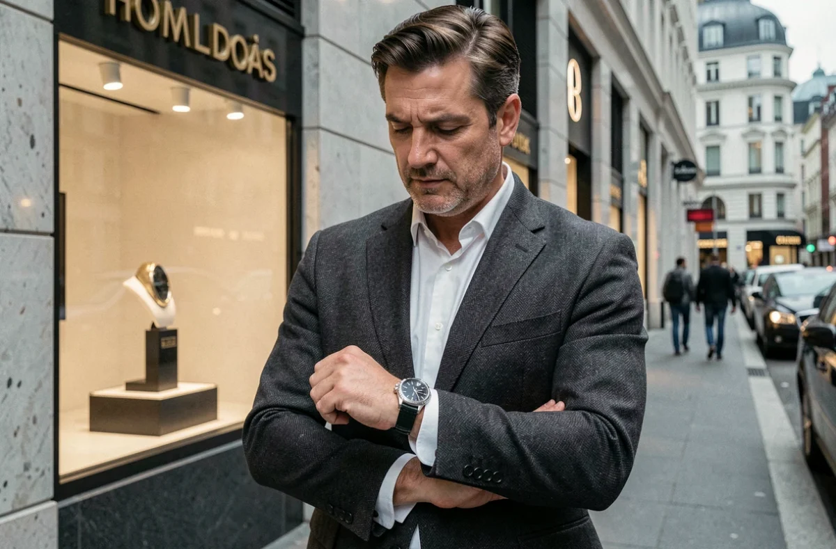 Homme d'affaires en costume regardant sa montre de luxe devant la façade d'une grande maison de couture dans une avenue prestigieuse