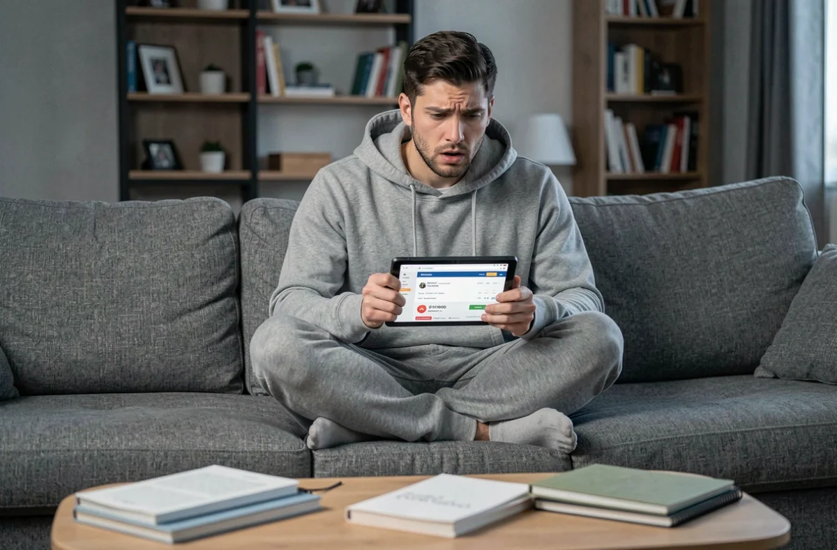 Homme en train de surveiller la fin du Prime Day Amazon sur une tablette avec un minuteur de vente affiché à l'écran dans un salon contemporain