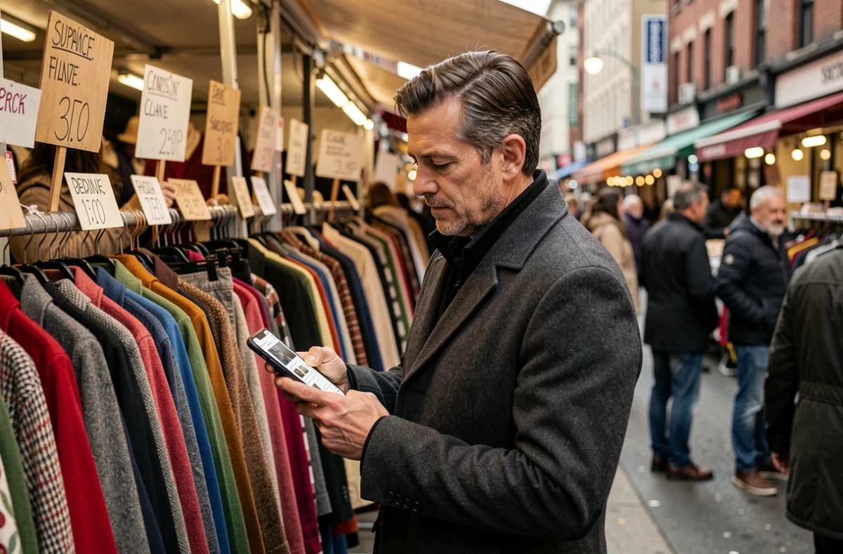 Homme consultant les tendances sur smartphone dans un marché urbain animé