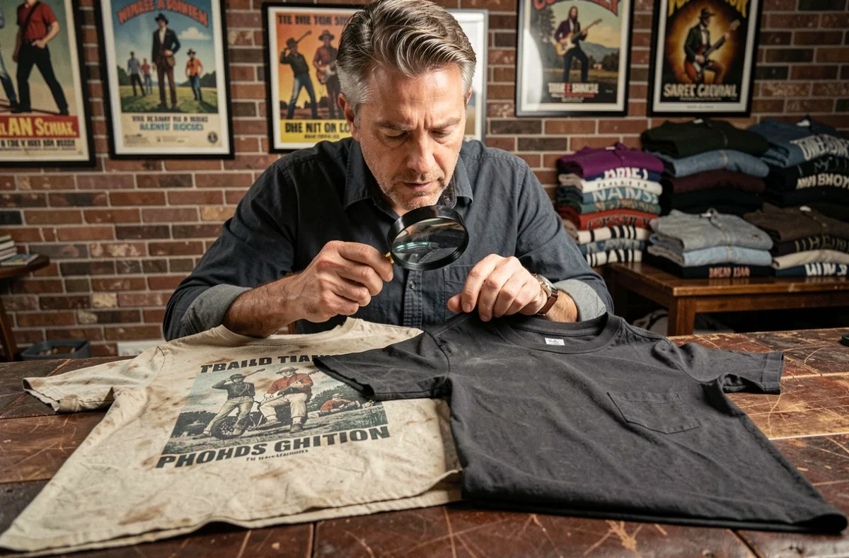 Collectionneur comparant un vrai T-shirt vintage et une copie moderne avec une loupe, étudiant les coutures