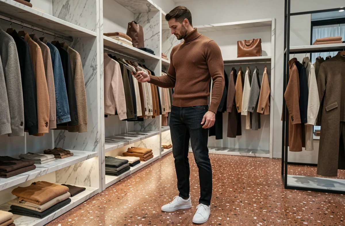 Jeune homme parcourant des vêtements dans une boutique de luxe, tenue inspirée du style vestimentaire des célébrités