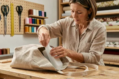 Femme insérant une semelle rigide en plastique dans un grand sac fourre-tout sur un établi en bois dans un atelier de couture