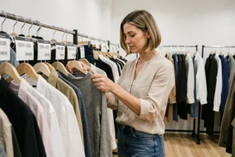 Femme parcourant des vêtements de marque soldés dans un magasin d'invendus