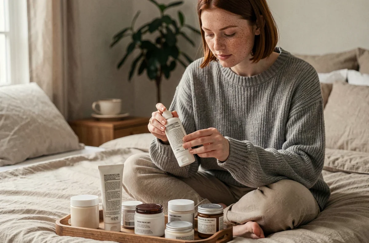 Jeune femme lisant les ingrédients d'une crème hydratante sur son lit entouré de produits de soin
