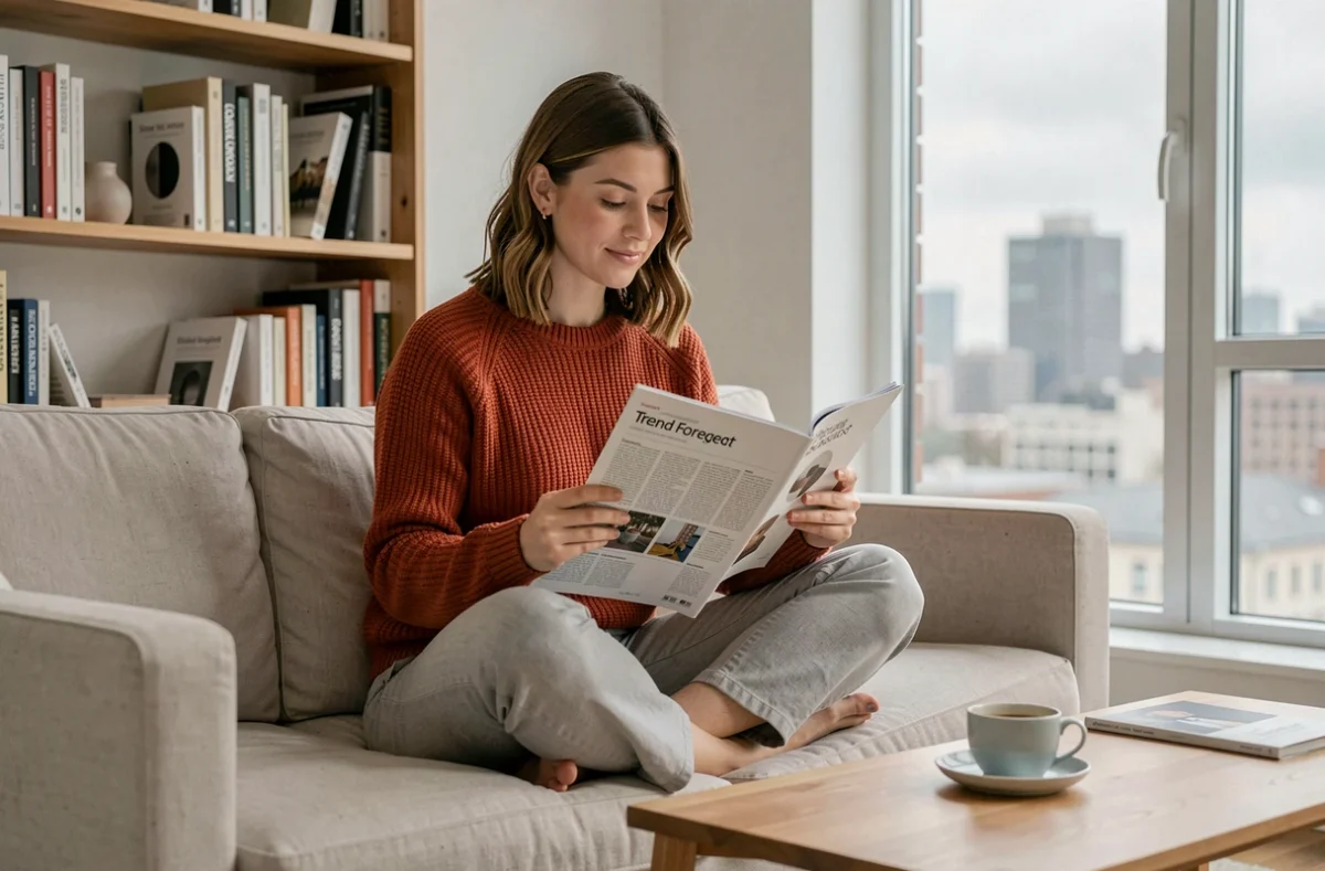 Jeune femme lisant un magazine de tendances dans un salon minimaliste scandinave