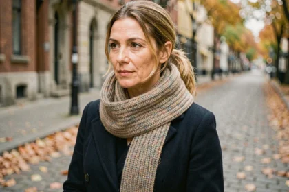 Femme portant une écharpe tricotée main de largeur idéale autour du cou en automne, illustrant la largeur recommandée pour une écharpe en laine