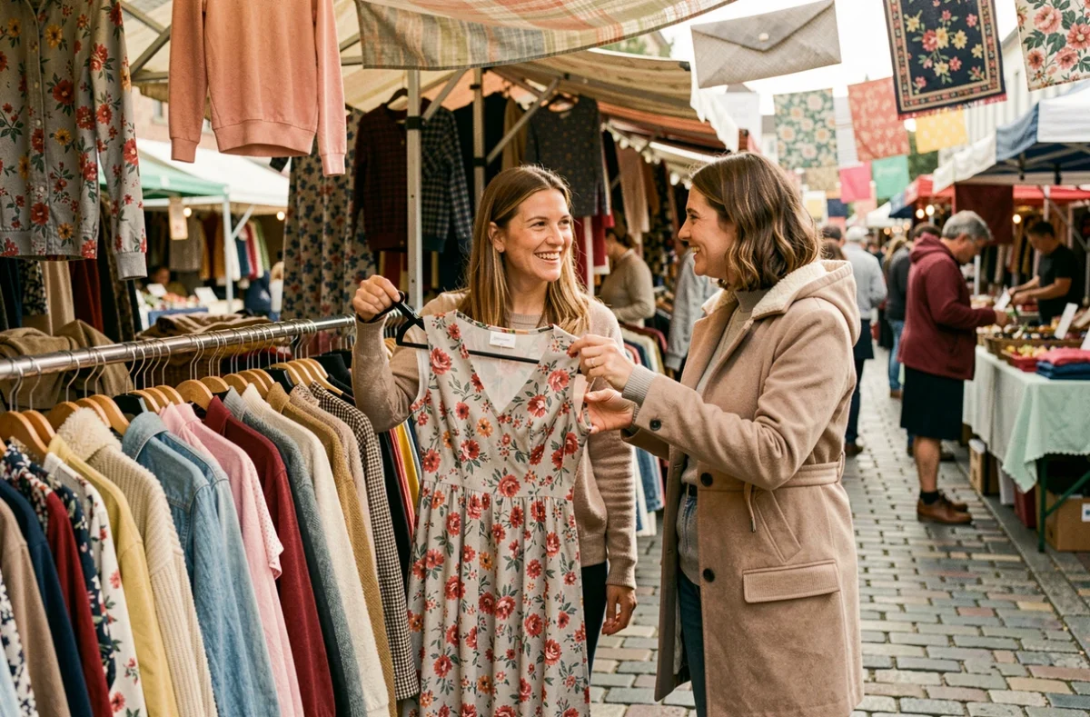 Deux femmes parcourant un stand de vêtements d'occasion dans un marché aux puces en plein air